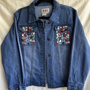 Country Western Jean Jacket Womens Size Medium Rhinestone Distressed Embellished